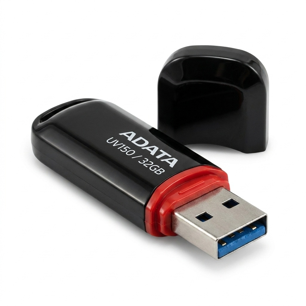 فلش مموری ای دیتا مدل UV150 ظرفیت 32 گیگابایت با رابط USB 3.2 Gen1، سرعت خواندن 90 مگابایت بر ثانیه، سرعت نوشتن 40 مگابایت بر ثانیه، طراحی درپوشدار و سازگار با ویندوز، مک و لینوکس